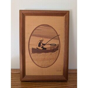 Vintage Marquetry Wood Inlay Man Fishing Boat 6.75 X 9.75 Framed & Signed NELSON